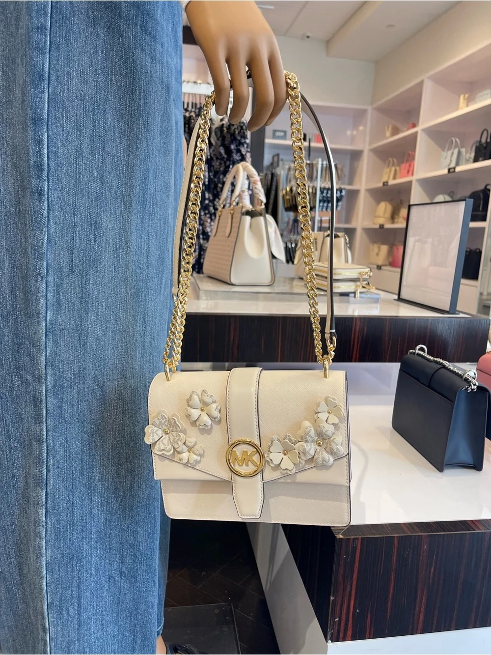 MICHAEL KORS Greenwich Sm Embellished Signature Logo Trim Crossbody Lt Cream NWT